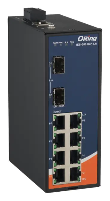 ORing IES-3082GP-LA 10 Port Ethernet switch ve 8x 10/100Base-T(X) ve 2x 100/1000Base-FX, SFP socket Endüstriyel Yönetilebilir Switch