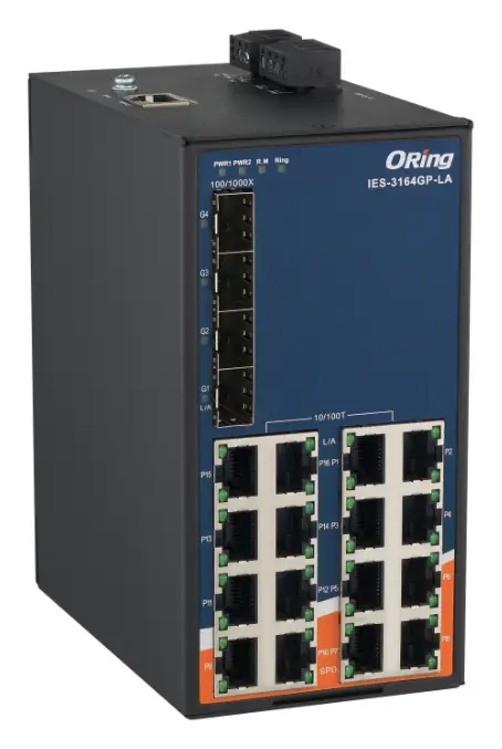 ORing IES-3164GP-LA 20 Port Ethernet switch ve 16x10/100Base-T(X) ve 4x100/1000Base-(F)X, SFP socket Endüstriyel Yönetilebilir Switch