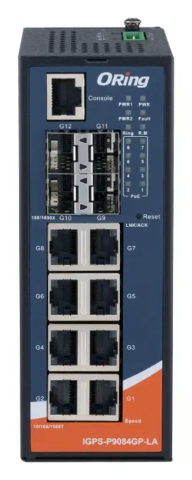 ORing IGPS-P9084GP-LA Endüstriyel IEC 61850-3 12 Port Yönetilebilir Gigabit PoE Switch ve 8G/PSE ve 4G SFP socket IEC 61850-3 Trafo Merkezi PoE Switch — görsel 2