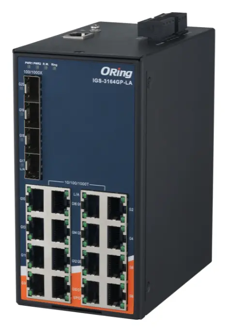 ORing IGS-3164GP-LA 20 Port Gigabit Ethernet switch ve 16x10/100/1000Base-T(X) ve 4x100/1000Base-(F)X, SFP socket Endüstriyel Yönetilebilir Switch — görsel 3