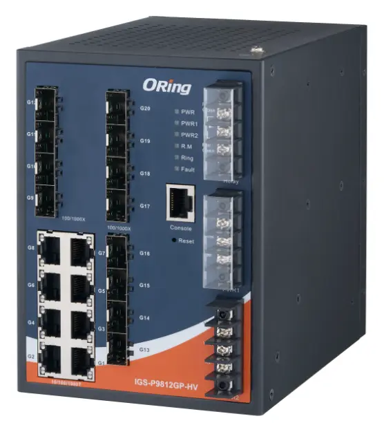 ORing IGS-P9812GP-HV IEC 61850-3 Cyber-hardened Yönetilebilir Ethernet Switch ve 8GE ve 12G SFP, Dual AC/DC IEC 61850-3 Trafo Merkezi Switch — görsel 3