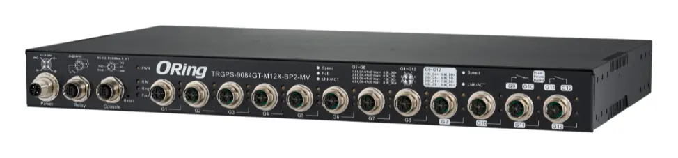 ORing TRGPS-9084GT-M12X-BP2-MV EN50155 Yönetilebilir PoE Switch ve 8GE PoE ve 4GE Bypass, M12 konnektör EN50155 Demiryolu PoE Switch — görsel 3