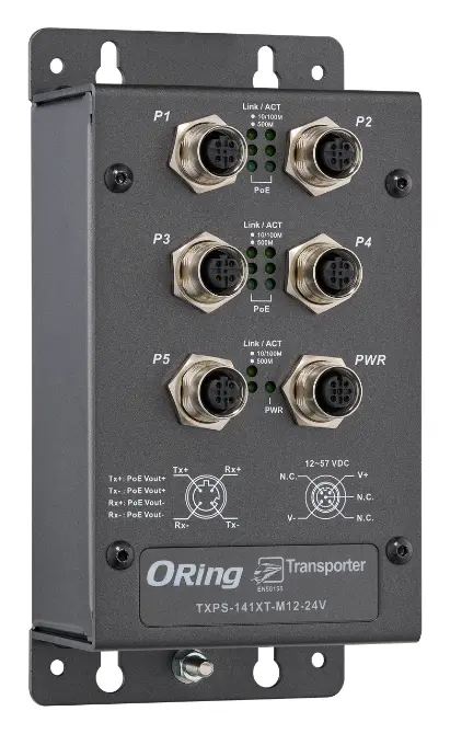ORing TXPS-141XT-M12-24V EN50155 Yönetilemez PoE Switch ve 4x 10/100/500Base-T(X) PoE ve 1x 10/100/500Base-T(X) EN50155 Demiryolu PoE Switch