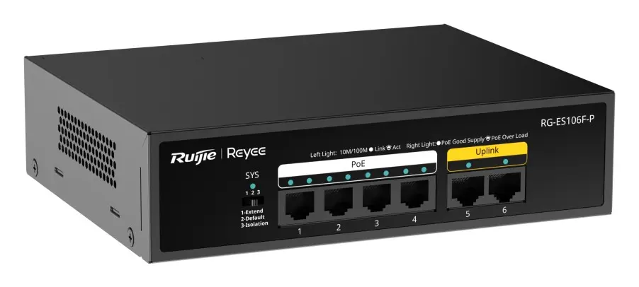 Reyee RG-ES106F-P 6 Port Fast Ethernet PoE Yönetilemez Switch görsel 2