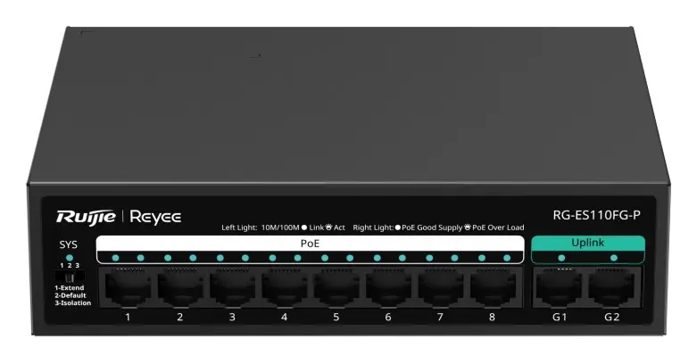 Reyee RG-ES110FG-P 8 Port Fast Ethernet PoE 2×Gigabit Yönetilemez Switch
