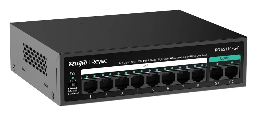 Reyee RG-ES110FG-P 8 Port Fast Ethernet PoE 2×Gigabit Yönetilemez Switch görsel 2