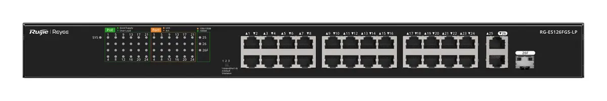 Reyee RG-ES126FGS-LP 24 Port Fast Ethernet PoE 2×Gigabit Yönetilemez Switch
