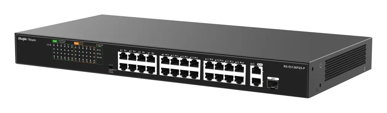 Reyee RG-ES126FGS-P 24 Port Fast Ethernet PoE 2×Gigabit Yönetilemez Switch — görsel 2