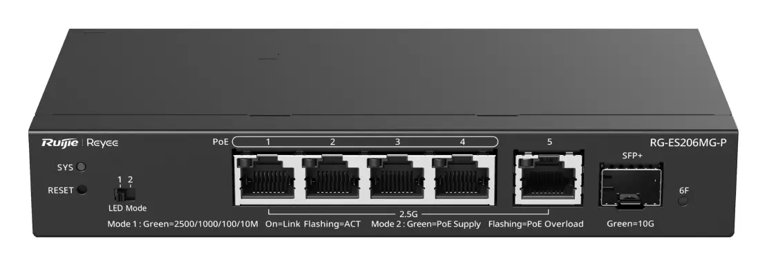 Reyee RG-ES206MG-P 5 Port 2.5G Multi-Gigabit PoE+ 1×10G SFP+ Yönetilebilir Switch