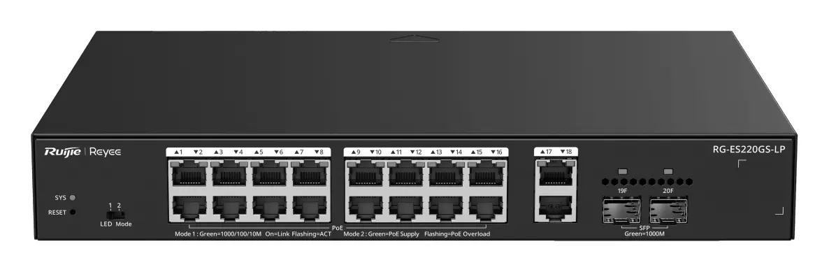 Reyee RG-ES220GS-LP 18 Port Gigabit PoE+ 2×SFP Akıllı Yönetilebilir Switch