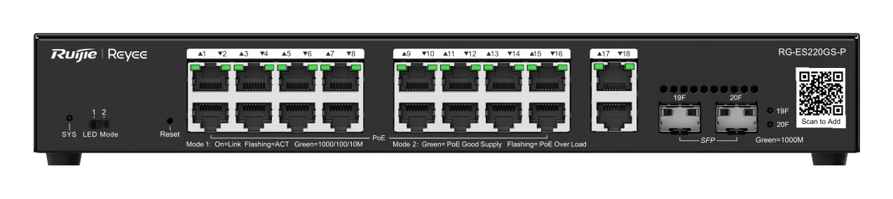 Reyee RG-ES220GS-P 16 Port Gigabit PoE+ 2×SFP Akıllı Yönetilebilir Switch